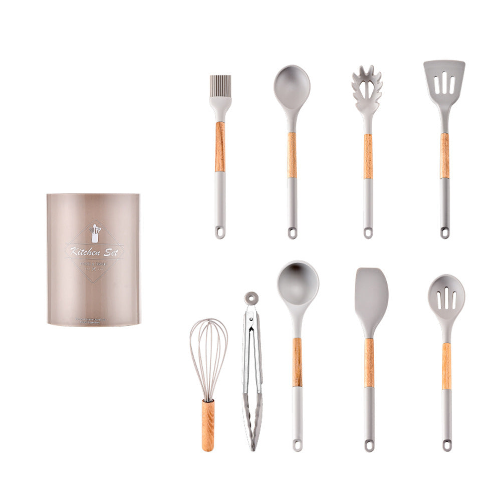 CozyNest Wooden handle silicone kitchenware 11-piece set, heat-proof tail cover, handle cooking silicone spoon kitchenware set kitchen