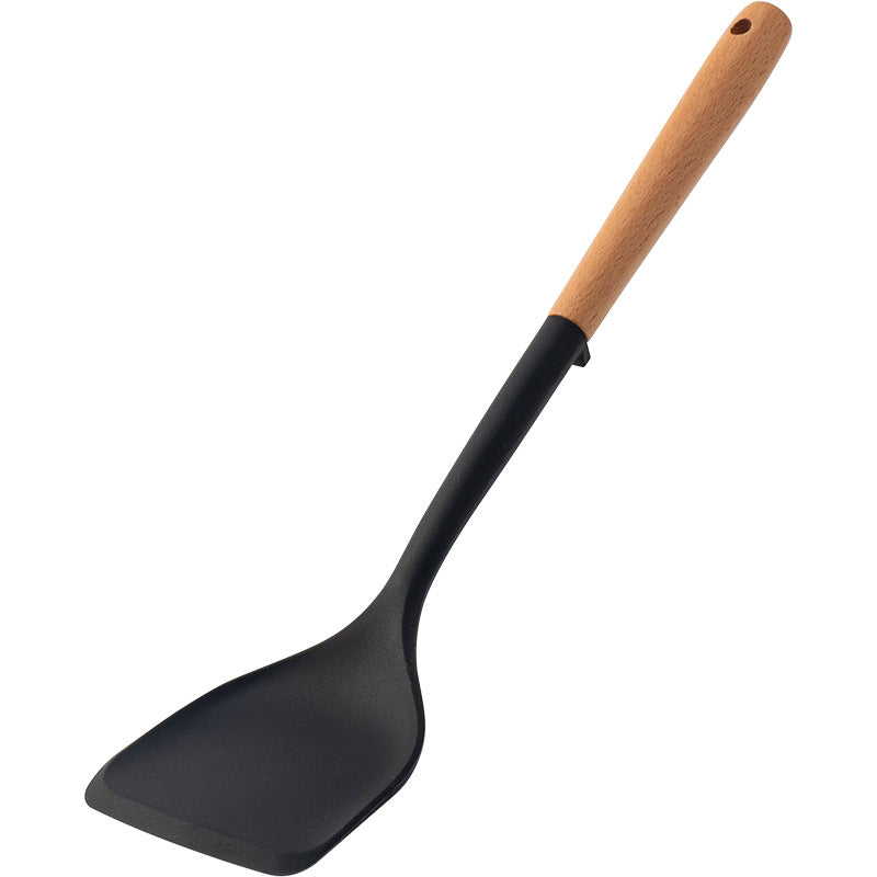 CozyNest Silicone Kitchen Utensils Set with Holder - Wooden Handle Heat-Resistant Spatula, Ladle, Slotted Turner, Tongs & Spoon for Nonstick Cookware
