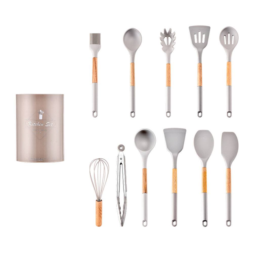 CozyNest Wooden handle silicone kitchenware 11-piece set, heat-proof tail cover, handle cooking silicone spoon kitchenware set kitchen