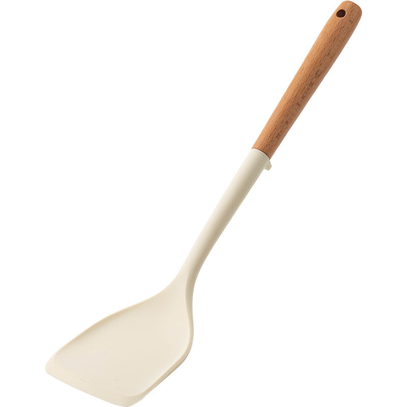 CozyNest Silicone Kitchen Utensils Set with Holder - Wooden Handle Heat-Resistant Spatula, Ladle, Slotted Turner, Tongs & Spoon for Nonstick Cookware