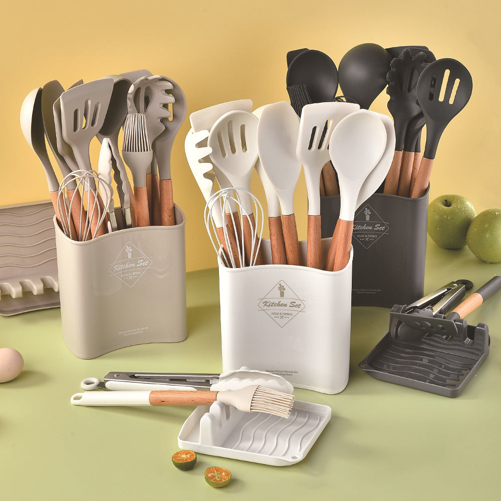 CozyNest Wooden handle silicone kitchenware 11-piece set, heat-proof tail cover, handle cooking silicone spoon kitchenware set kitchen