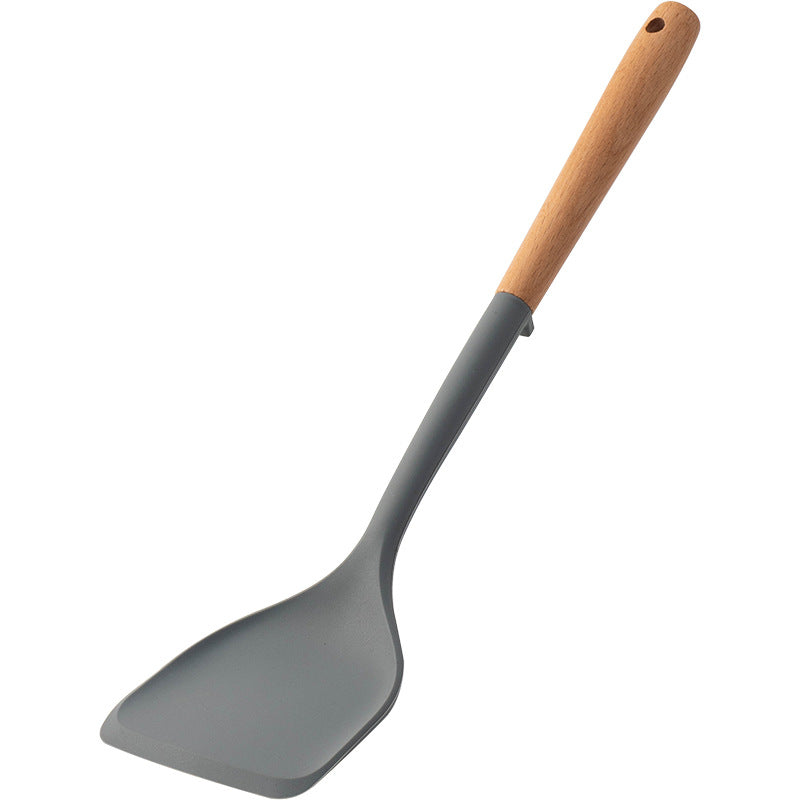 CozyNest Silicone Kitchen Utensils Set with Holder - Wooden Handle Heat-Resistant Spatula, Ladle, Slotted Turner, Tongs & Spoon for Nonstick Cookware
