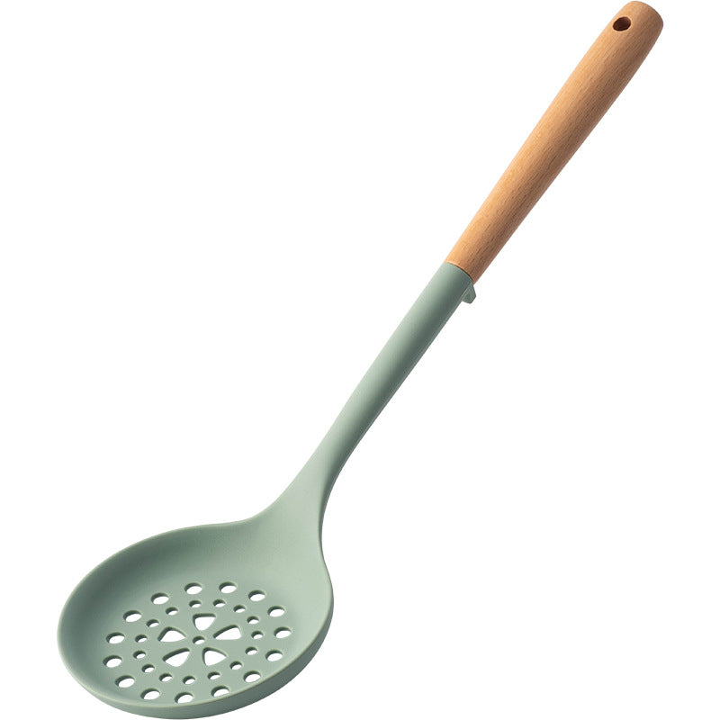 CozyNest Silicone Kitchen Utensils Set with Holder - Wooden Handle Heat-Resistant Spatula, Ladle, Slotted Turner, Tongs & Spoon for Nonstick Cookware