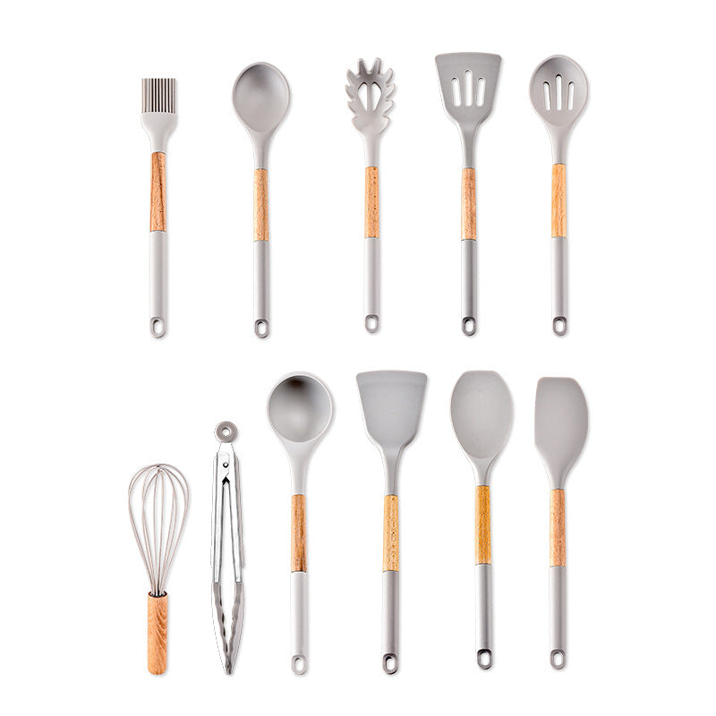 CozyNest Wooden handle silicone kitchenware 11-piece set, heat-proof tail cover, handle cooking silicone spoon kitchenware set kitchen