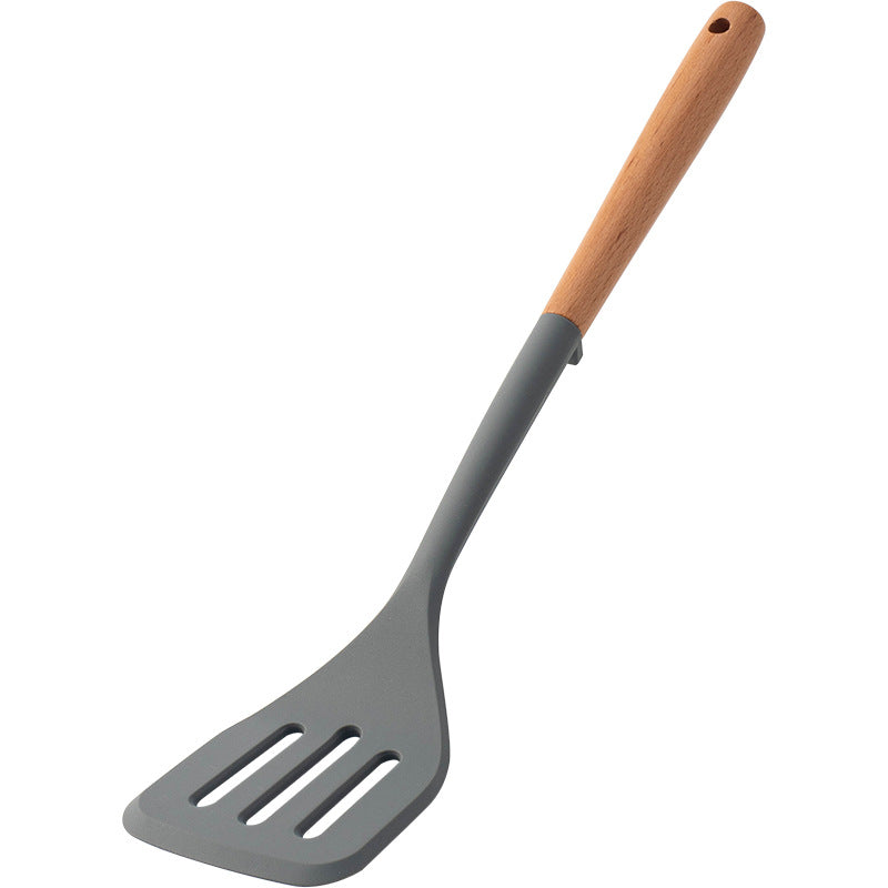 CozyNest Silicone Kitchen Utensils Set with Holder - Wooden Handle Heat-Resistant Spatula, Ladle, Slotted Turner, Tongs & Spoon for Nonstick Cookware