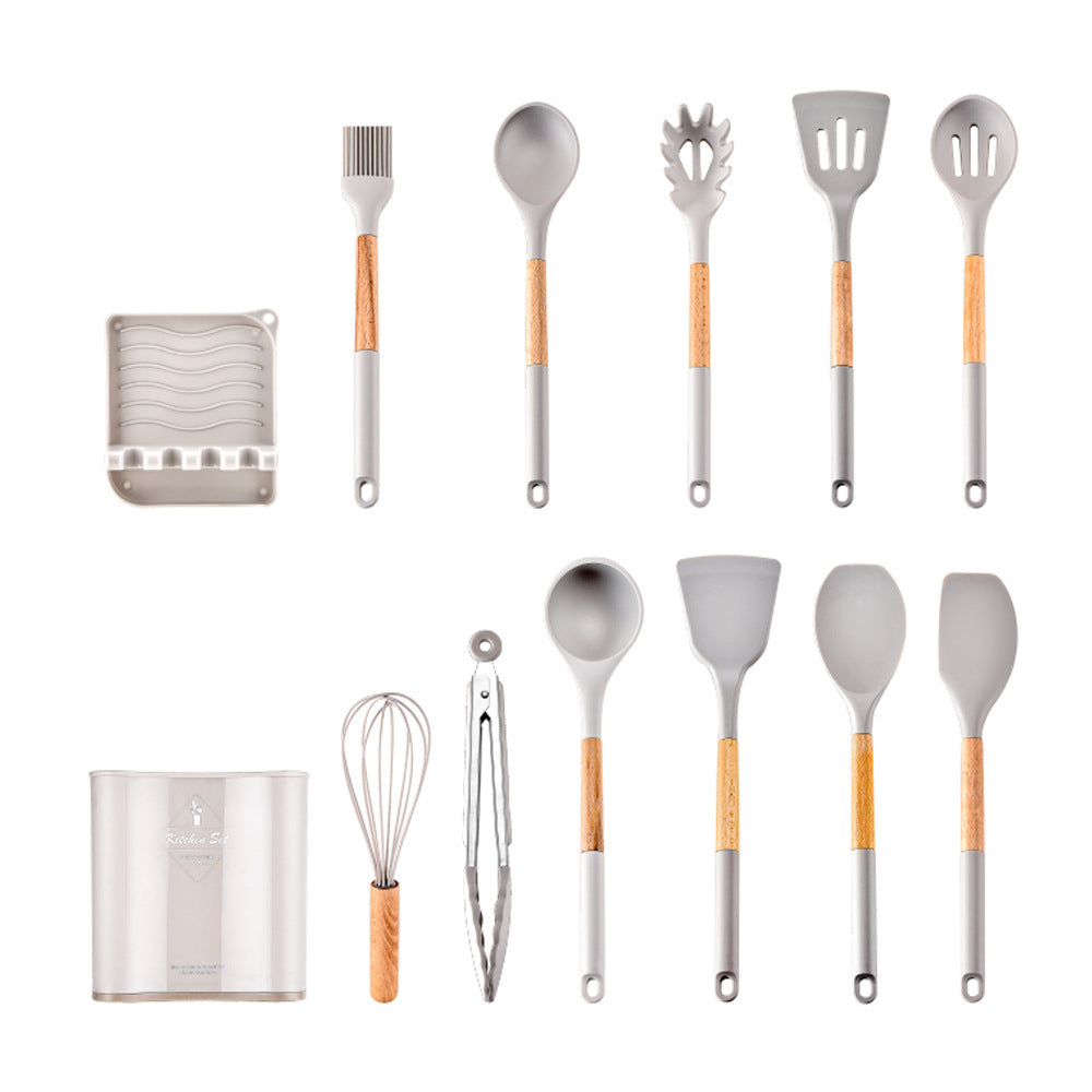 CozyNest Wooden handle silicone kitchenware 11-piece set, heat-proof tail cover, handle cooking silicone spoon kitchenware set kitchen