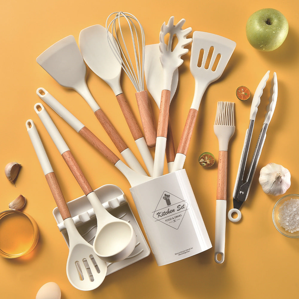 CozyNest Wooden handle silicone kitchenware 11-piece set, heat-proof tail cover, handle cooking silicone spoon kitchenware set kitchen