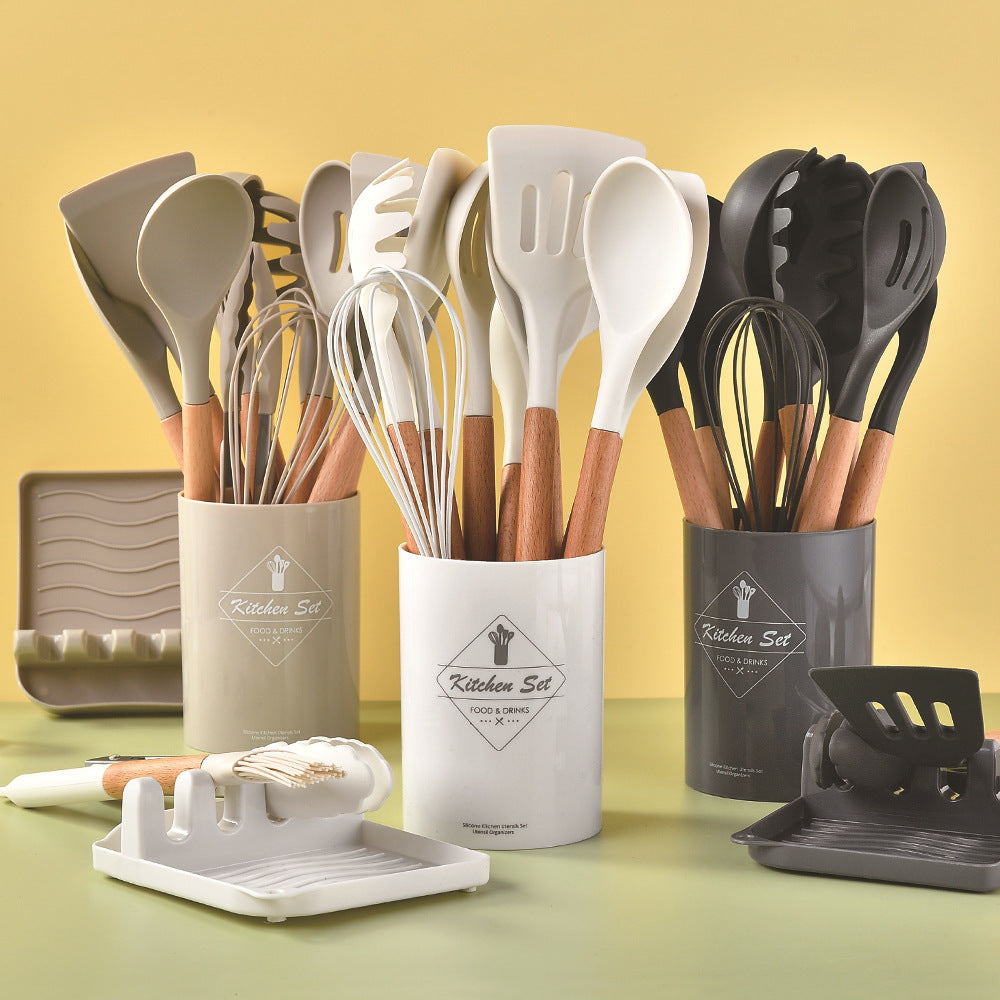 CozyNest Wooden handle silicone kitchenware 11-piece set, heat-proof tail cover, handle cooking silicone spoon kitchenware set kitchen