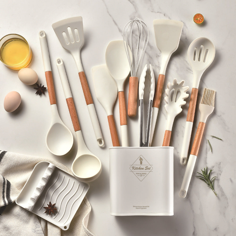 CozyNest Wooden handle silicone kitchenware 11-piece set, heat-proof tail cover, handle cooking silicone spoon kitchenware set kitchen