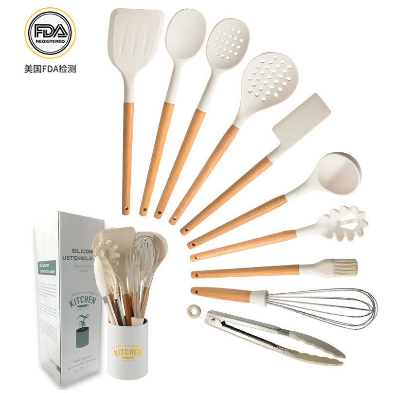 CozyNest Customized wooden handle silicone kitchen set 10-piece set, kitchen tools non-stick pan shovel spoon kitchen set