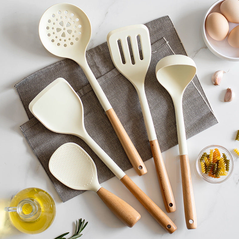 CozyNest Silicone Kitchen Utensils Set with Holder -  Wooden Handle Heat-Resistant Spatula, Ladle, Slotted Turner, Tongs & Spoon for Nonstick Cookware