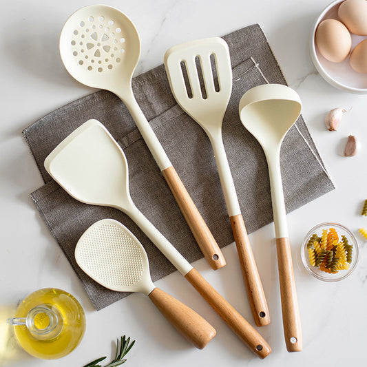 CozyNest Silicone Kitchen Utensils Set with Holder -  Wooden Handle Heat-Resistant Spatula, Ladle, Slotted Turner, Tongs & Spoon for Nonstick Cookware