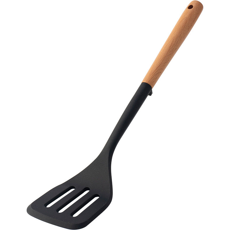 CozyNest Silicone Kitchen Utensils Set with Holder -  Wooden Handle Heat-Resistant Spatula, Ladle, Slotted Turner, Tongs & Spoon for Nonstick Cookware