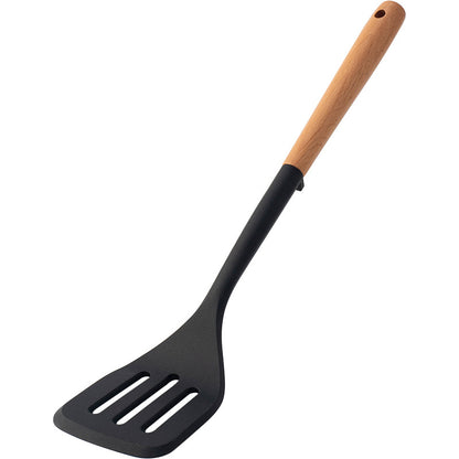 CozyNest Silicone Kitchen Utensils Set with Holder -  Wooden Handle Heat-Resistant Spatula, Ladle, Slotted Turner, Tongs & Spoon for Nonstick Cookware