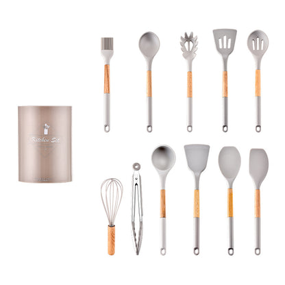 CozyNest Wooden handle silicone kitchenware 11-piece set, heat-proof tail cover, handle cooking silicone spoon kitchenware set kitchen