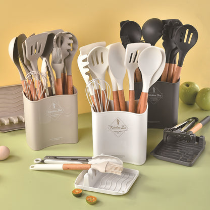 CozyNest Wooden handle silicone kitchenware 11-piece set, heat-proof tail cover, handle cooking silicone spoon kitchenware set kitchen