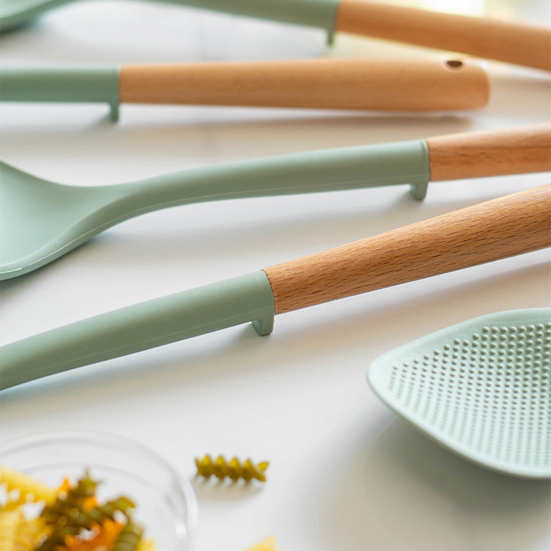 CozyNest Silicone Kitchen Utensils Set with Holder -  Wooden Handle Heat-Resistant Spatula, Ladle, Slotted Turner, Tongs & Spoon for Nonstick Cookware