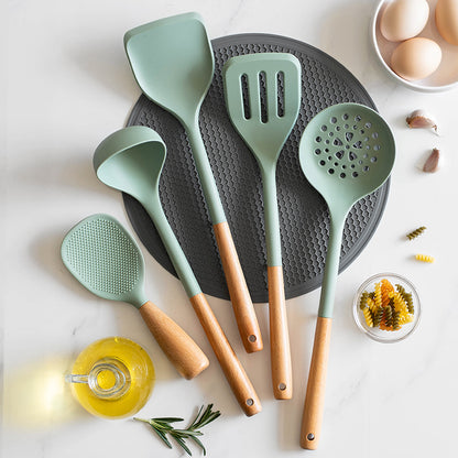 CozyNest Silicone Kitchen Utensils Set with Holder -  Wooden Handle Heat-Resistant Spatula, Ladle, Slotted Turner, Tongs & Spoon for Nonstick Cookware