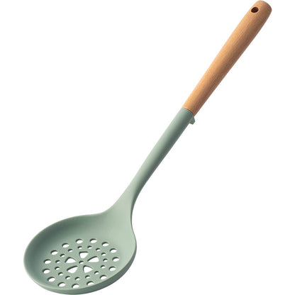 CozyNest Silicone Kitchen Utensils Set with Holder -  Wooden Handle Heat-Resistant Spatula, Ladle, Slotted Turner, Tongs & Spoon for Nonstick Cookware