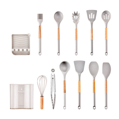 CozyNest Wooden handle silicone kitchenware 11-piece set, heat-proof tail cover, handle cooking silicone spoon kitchenware set kitchen
