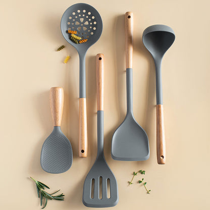 CozyNest Silicone Kitchen Utensils Set with Holder -  Wooden Handle Heat-Resistant Spatula, Ladle, Slotted Turner, Tongs & Spoon for Nonstick Cookware