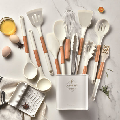 CozyNest Wooden handle silicone kitchenware 11-piece set, heat-proof tail cover, handle cooking silicone spoon kitchenware set kitchen