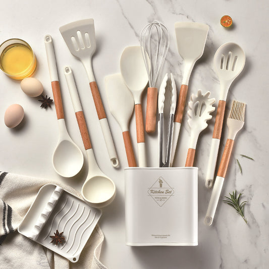 CozyNest Wooden handle silicone kitchenware 11-piece set, heat-proof tail cover, handle cooking silicone spoon kitchenware set kitchen