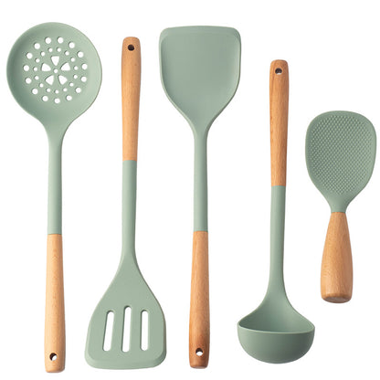 CozyNest Silicone Kitchen Utensils Set with Holder -  Wooden Handle Heat-Resistant Spatula, Ladle, Slotted Turner, Tongs & Spoon for Nonstick Cookware